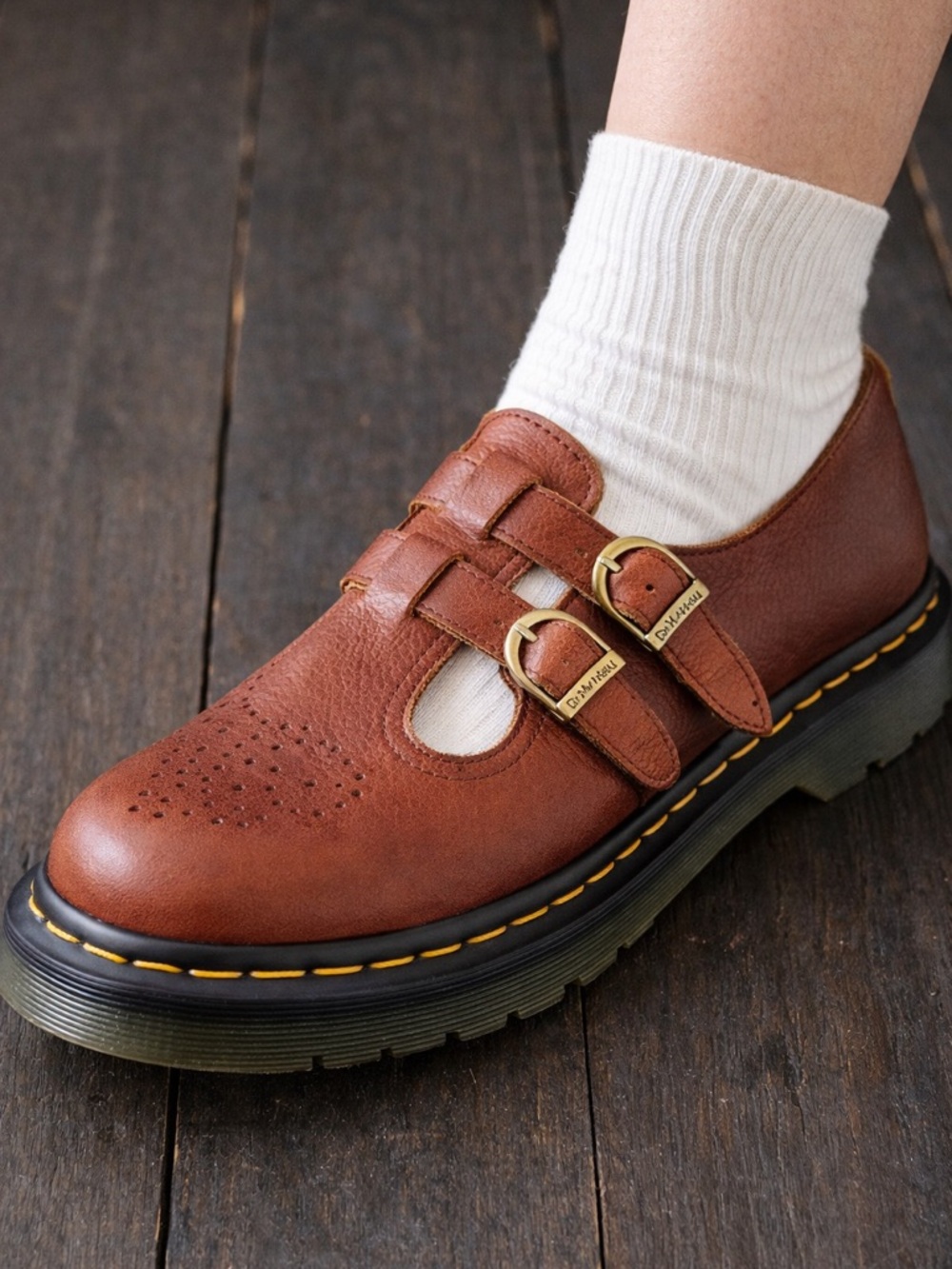 Dr. Martens 8065 Mary Jane Cashew Brown Leather Double Strap Chunky Shoes W 11